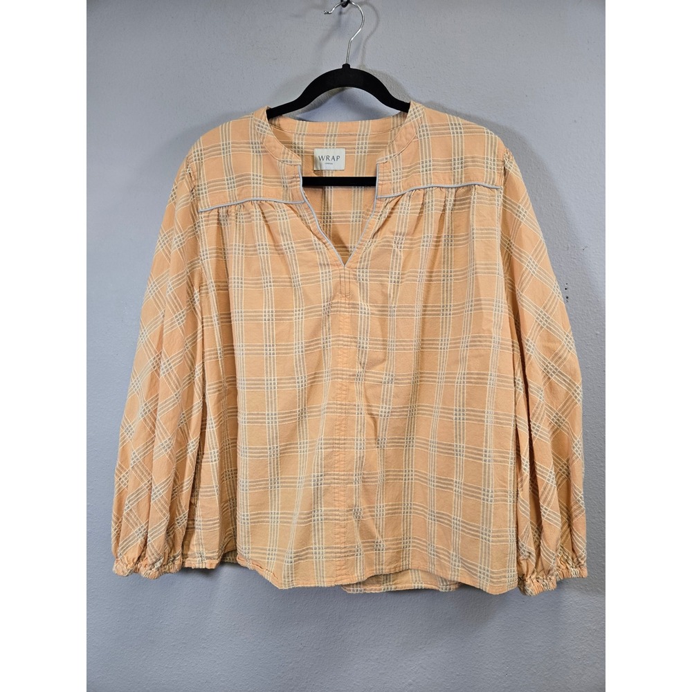 Wrap London Plaid Cotton Linen V-Neck Balloon Sleeve Peasant Blouse Orange US 14